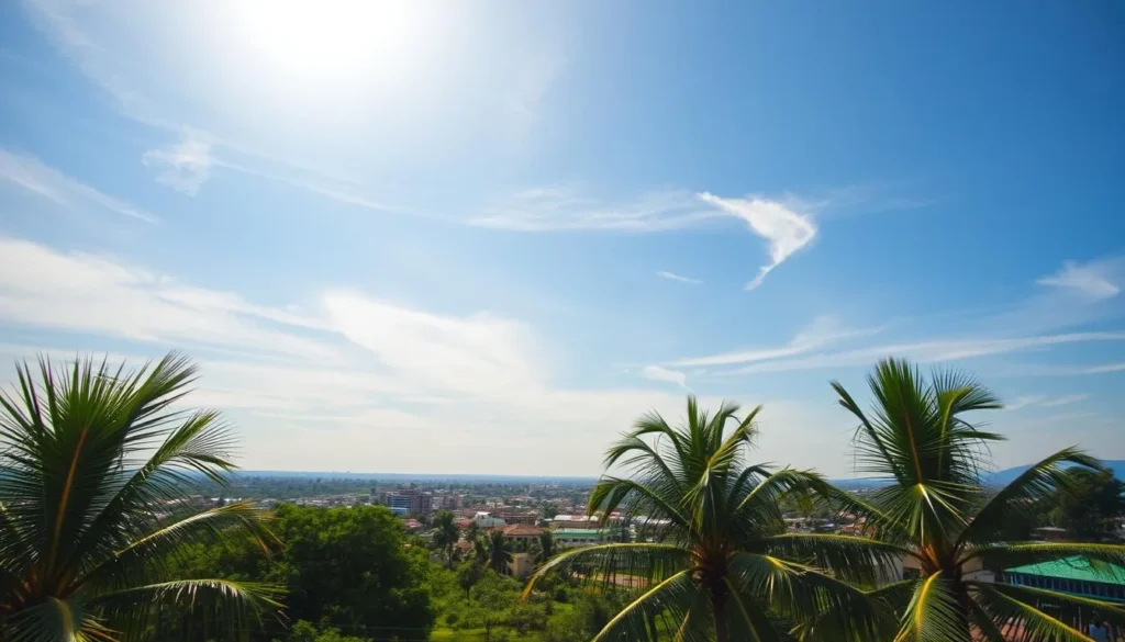 Vibrant Uyo skies, sun-kissed and clear, cast a warm glow over the bustling city below. Wispy cirrus clouds drift lazily, hinting at the region's tropical climate. In the foreground, swaying palm trees sway gently, their fronds casting delicate shadows on the lush, verdant landscape. The middle ground reveals the city's iconic architecture, a harmonious blend of modern and traditional styles, inviting visitors to explore its charming streets. Captured through a wide-angle lens, the scene evokes a sense of tranquility and invites the viewer to envision the perfect time to experience Uyo's natural beauty.