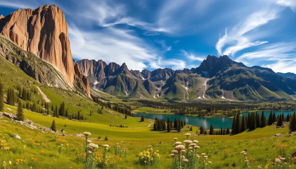 Vibrant alpine landscape of Kings Canyon National Park, California. A towering granite cliff face rises majestically in the foreground, its craggy edges bathed in warm golden sunlight. Lush, verdant meadows stretch out below, dotted with wildflowers in bloom. In the middle ground, a crystalline lake reflects the surrounding peaks, its still waters mirroring the rugged beauty of the Sequoia Range. Wispy clouds drift across a brilliant azure sky, completing the picturesque scene. Capture the grandeur and serenity of this iconic wilderness destination with a wide-angle lens, showcasing the park's dramatic natural splendor.