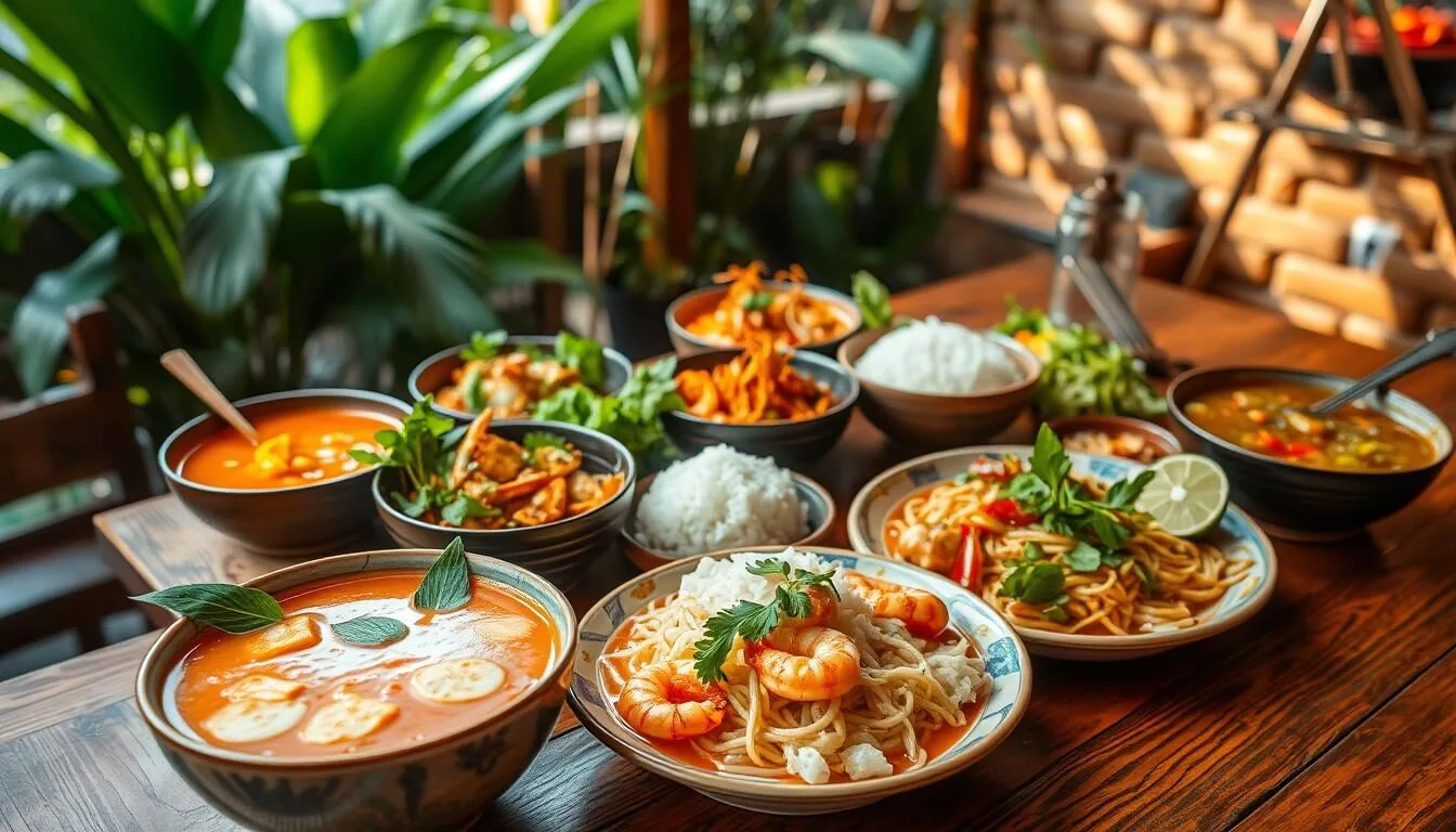 Vibrant and authentic Thai cuisine, artfully arranged on a wooden table. In the foreground, a steaming bowl of tom yum goong, the iconic sour and spicy shrimp soup, garnished with fresh herbs and lime wedges. Alongside, a fragrant plate of pad thai, the quintessential Thai noodle dish, with its perfect balance of sweet, sour, and savory flavors. In the middle ground, a variety of colorful curries, from the rich and creamy red curry to the bold and fragrant green curry, accompanied by fluffy white rice. In the background, lush tropical foliage and a warm, natural lighting create a tranquil, inviting atmosphere, evoking the vibrant street food culture of Thailand. The scene exudes authenticity, with each dish meticulously prepared and beautifully presented, capturing the essence of Singapore's acclaimed Thai restaurants.