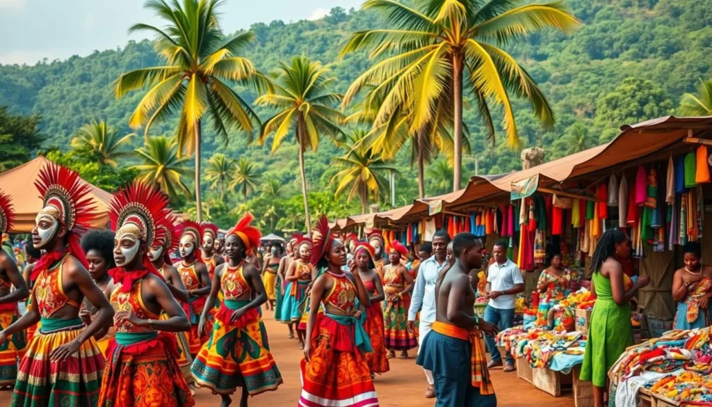 Vibrant and colorful Akure festivals unfold against a backdrop of lush, verdant landscapes. In the foreground, local dancers in traditional regalia move with graceful, rhythmic steps, their intricate costumes and masks capturing the essence of age-old rituals. The middle ground showcases vibrant market stalls overflowing with a diverse array of handcrafted goods, the vendors' animated interactions creating a lively, bustling atmosphere. In the distance, towering palm trees sway gently in the warm, golden light, setting the scene for a truly immersive cultural experience. The overall mood is one of joyous celebration, inviting the viewer to step into the heart of Akure's rich cultural tapestry.