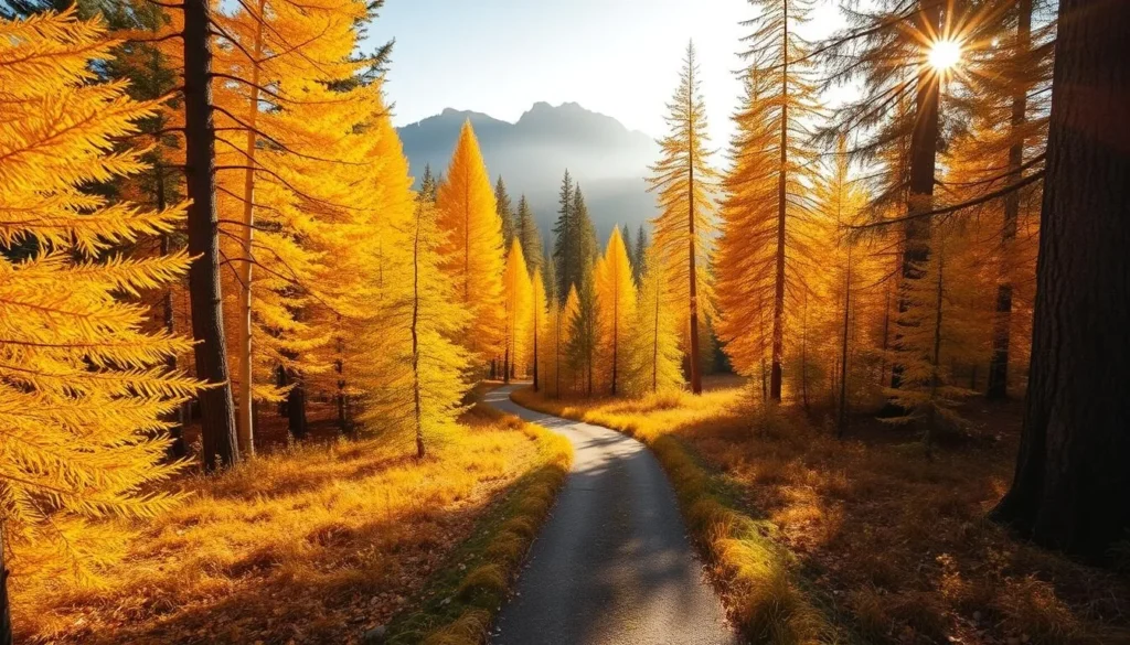 Vibrant autumn foliage of western larches surrounds a picturesque trail, winding through a serene forest near the town of Sisters, Oregon. Warm, golden sunlight filters through the delicate needle-like leaves, casting a soft glow across the scene. In the foreground, a carpet of fallen needles covers the ground, contrasting with the towering trunks. Misty mountains rise in the distance, creating a sense of depth and tranquility. Capture the essence of this seasonal natural wonder with a wide-angle lens, showcasing the breathtaking beauty of this Pacific Northwest landscape.