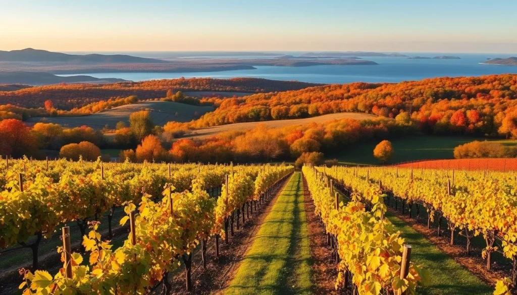 Vibrant autumn foliage surrounding Seneca Lake vineyards in Schuyler County, New York Vibrant autumn foliage surrounding Seneca Lake vineyards in Schuyler County, New York