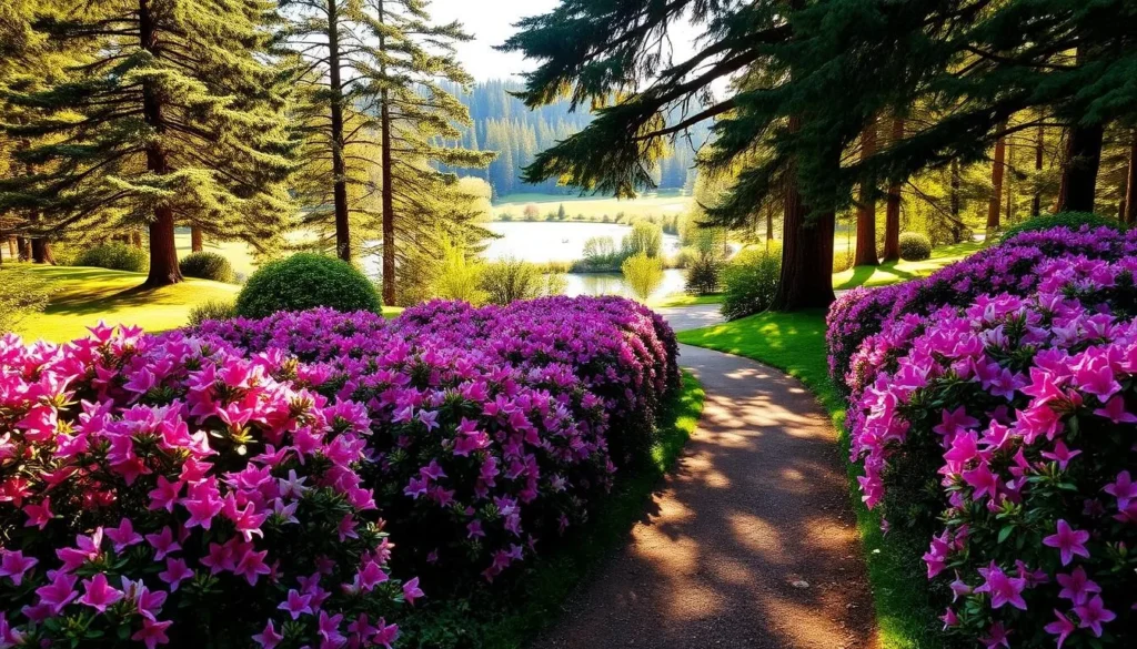 Vibrant azalea bushes in full bloom, their delicate pink and white flowers cascading across a lush, verdant landscape. A winding footpath meanders through the park, flanked by towering evergreen trees that cast dappled shadows on the ground below. Warm sunlight filters through the canopy, bathing the scene in a soft, golden glow. In the distance, a tranquil pond reflects the surrounding foliage, creating a serene and inviting atmosphere. This picturesque Azalea Park, the colorful heart of Brookings, Oregon, beckons visitors to explore its natural beauty on a pleasant spring day.