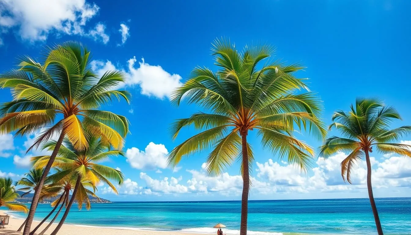 Vibrant azure skies, fluffy white clouds drifting lazily overhead. Lush, verdant palm trees sway in the gentle tropical breeze, their fronds casting dappled shadows upon the sun-kissed sand below. In the distance, the crystal-clear waters of the Pacific Ocean shimmer, inviting beachgoers to dip their toes and bask in the warm, balmy embrace of the Hawaiian climate. Rays of golden sunlight filter through, illuminating the scene with a soft, natural glow. Capture the essence of a perfect Honolulu day, where the weather is both idyllic and welcoming, beckoning visitors to savor the beauty of this island paradise.