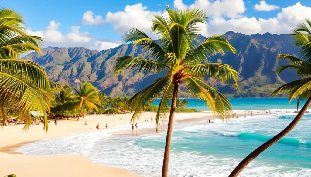 Vibrant azure waves crash against pristine, sun-kissed sand on the iconic beaches of Oahu, Hawaii. In the foreground, palm trees sway gently, casting dappled shadows across the serene shoreline. The middle ground features beachgoers basking in the warm, tropical atmosphere, their laughter and carefree spirits echoing the tranquility of the scene. In the distance, verdant mountain ranges rise up, framing the breathtaking vista with their majestic presence. Soft, golden light filters through wispy clouds, creating a warm, inviting ambiance that captures the essence of Oahu's renowned beaches and their unique charm.