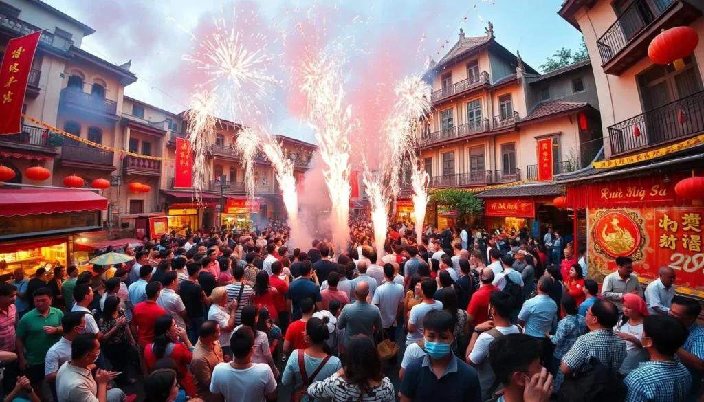 Vibrant celebration of Dong Ky Firecracker Festival in Hanoi, Vietnam. Crowds gather in a bustling town square, cheering as firecrackers burst with thunderous pops, filling the air with festive smoke. Vendors sell delicious street food while traditional musicians play lively tunes. Ornate red and gold decorations adorn the historic buildings in the background, creating a warm, joyous atmosphere. Soft natural lighting highlights the vibrant colors and captures the energy of the celebration. A wide-angle lens provides a comprehensive view of the lively scene, allowing the viewer to fully immerse themselves in the spirit of the festival.