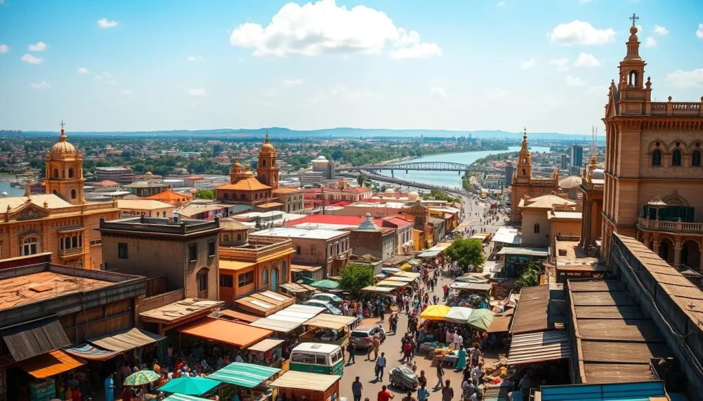 Vibrant cityscape of Onitsha, Nigeria on a sunny day. In the foreground, bustling street markets filled with colorful stalls and locals haggling over goods. Middle ground showcases the iconic architecture of Onitsha - ornate colonial buildings, towering churches, and lively commercial hubs. Backdrop features the mighty River Niger winding through the urban landscape, with distant hills and a clear blue sky. Capture the energy and dynamism of this thriving West African metropolis through warm, golden lighting and a wide-angle lens that emphasizes the scale and grandeur of the scene.