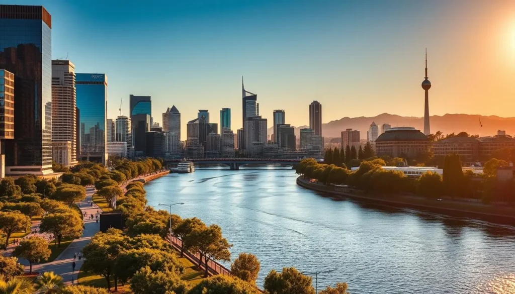 Vibrant cityscape of Perth, Australia's sunniest capital, bathed in warm, golden sunlight. Sleek modern skyscrapers and historic buildings stand tall along the banks of the Swan River, their reflections shimmering on the calm waters. In the foreground, lush green parklands and bustling pedestrian promenades invite exploration, while in the distance, the iconic Bell Tower and the majestic Perth Hills create a picturesque backdrop. The scene exudes an atmosphere of tranquility and dynamic energy, capturing the essence of this idyllic coastal city.