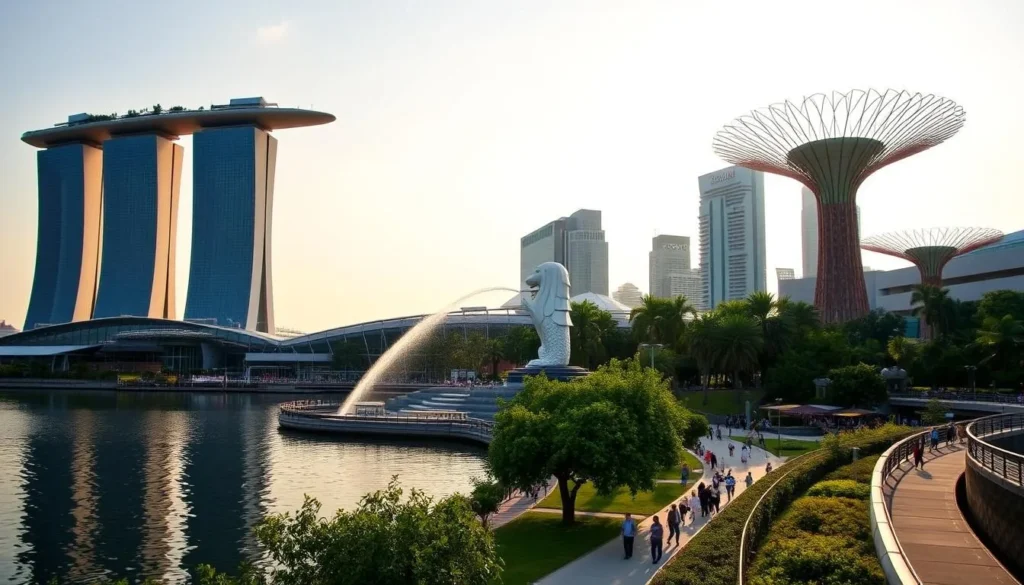Vibrant cityscape of Singapore's iconic landmarks, bathed in warm, golden sunlight. Majestic Marina Bay Sands in the foreground, its sleek, modern architecture and rooftop garden reflecting in the calm waters. In the middle ground, the historic Merlion statue stands tall, its powerful fountain cascading down. The lush greenery of Gardens by the Bay frames the scene, its towering Supertree Grove reaching skyward. Pedestrians stroll along the promenade, enjoying the serene atmosphere and stunning vistas. Crisp, clear day with a cloudless sky, creating a serene, inviting atmosphere for visitors to explore Singapore's free attractions.