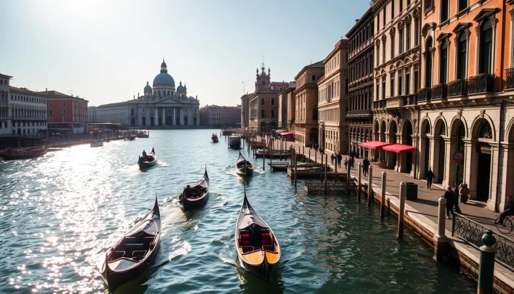 Vibrant cityscape of Venice, Italy on a sunny day. Ornate Venetian architecture lining the canals, with gondolas and boats gently gliding across the tranquil waters. Sunlight dances across the rippling reflections, casting a warm, golden glow. Pedestrians stroll along the charming narrow streets, taking in the historic ambiance. In the distance, the iconic Basilica di San Marco and Doge's Palace stand tall, showcasing the city's magnificent Renaissance and Gothic styles. A serene, picturesque scene that captures the essence of the "Floating City" at its most captivating.