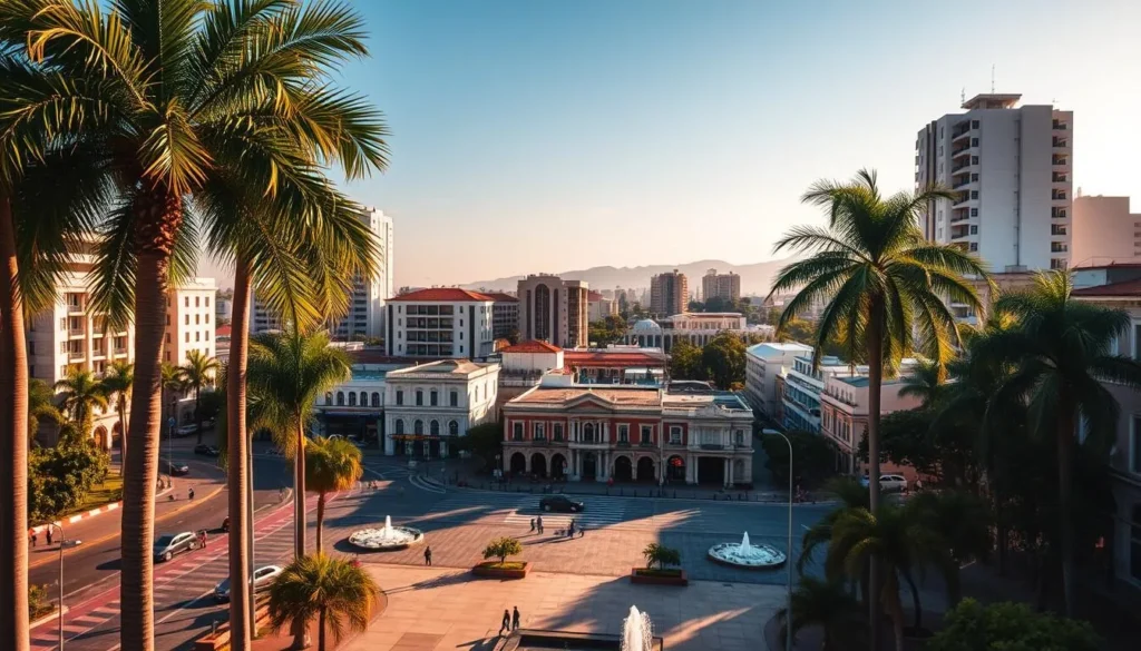 Vibrant cityscape of Villahermosa, Mexico, bathed in warm afternoon sunlight. Towering palm trees frame the bustling streets, where modern high-rises and colonial-era buildings coexist harmoniously. In the foreground, a lush public square with fountains and benches invites visitors to relax and take in the local atmosphere. The middle ground showcases busy pedestrian crossings and colorful storefronts, while the background features the silhouettes of distant mountains against a clear, azure sky. Crisp, cinematic photography using a wide-angle lens captures the dynamic energy and architectural diversity of this captivating urban center.