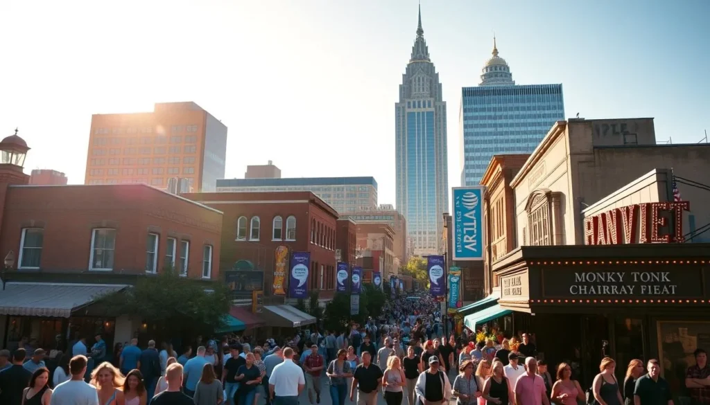 Vibrant cityscape of downtown Nashville, Tennessee on a sunny day. Bustling street filled with locals and tourists strolling past historic buildings, live music spilling out from honky-tonk bars, and the iconic AT&T building towering in the background. Warm golden light illuminates the scene, creating a lively, energetic atmosphere. Carefully composed to showcase the city's unique character and the excitement of its many events and celebrations. Crisp, high-resolution image captured with a wide-angle lens to capture the full scope of the dynamic urban setting.