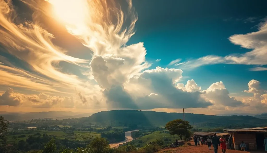 Vibrant clouds cascade across the azure sky, casting ever-changing shadows upon the lush, verdant landscape of Kananga. Sunlight filters through the wispy formations, illuminating the rolling hills and winding rivers below. In the foreground, a serene scene unfolds, with locals engaged in their daily activities - tending to crops, strolling along the streets, and gathering at the local marketplace. The warm, golden hues of the sun bathe the scene in a welcoming glow, inviting visitors to immerse themselves in the rhythms of this captivating Central African city. Capture the essence of Kananga's best seasons, where nature's dance and human vitality intertwine in a harmonious symphony.
