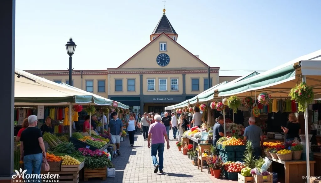 Vibrant farmers market in Arcata Plaza with local produce, flowers, and artisanal products Vibrant farmers market in Arcata Plaza with local produce, flowers, and artisanal products