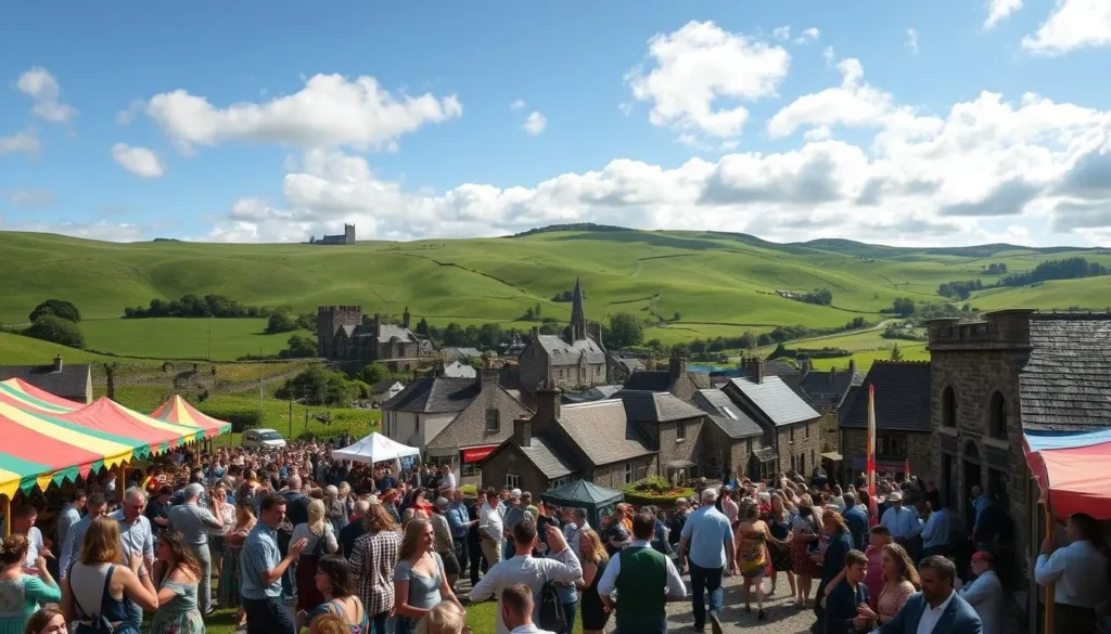 Vibrant festival scene in the rolling green hills of Leinster, Ireland. Crowds of revelers in traditional costumes dancing joyfully beneath a warm sun, surrounded by colorful tents, lively music, and the aroma of local cuisine. In the middle ground, a quaint village with charming stone buildings and winding cobblestone streets. In the distance, the silhouettes of ancient castles and cathedrals against a picturesque, cloud-dotted sky. Capture the celebratory spirit, cultural heritage, and natural beauty of Ireland's year-round festivals.