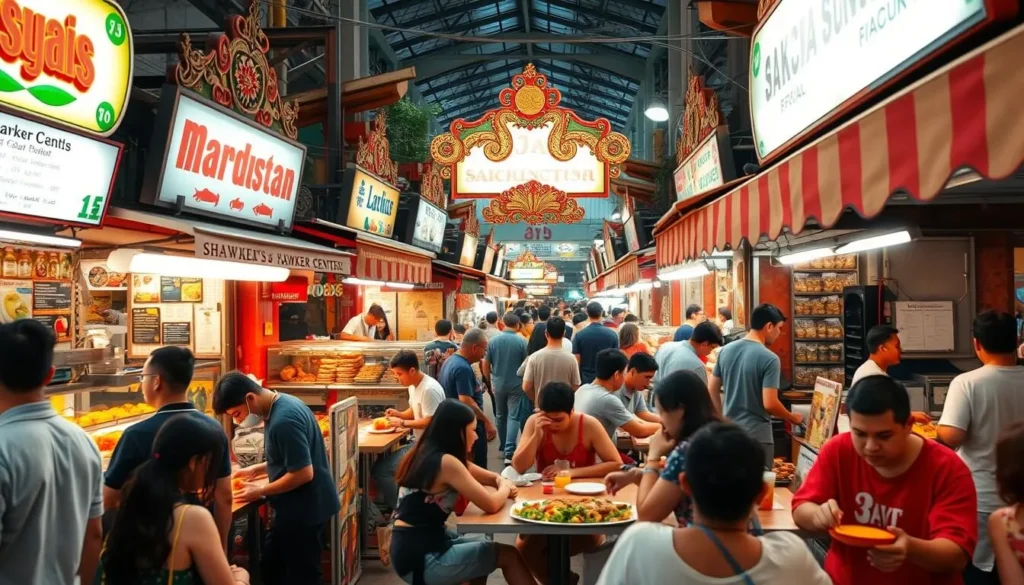 Vibrant hawker centers, bustling with life, situated in the heart of Singapore's urban landscape. Capture the sizzling aromas of diverse cuisines, from mouth-watering satay to fragrant nasi goreng, wafting through the air. Showcase the lively atmosphere, with locals and tourists alike, gathered around communal tables, savoring the flavors of this culinary melting pot. Showcase the vibrant colors and intricate architectural details of the hawker stalls, illuminated by warm, natural lighting. Convey a sense of community and cultural exchange, as people from all walks of life come together to indulge in the delectable street food offerings.