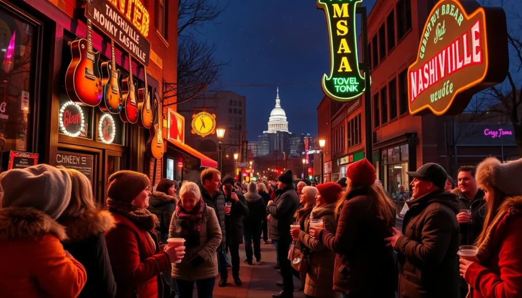 Vibrant honky-tonk scene in downtown Nashville, Tennessee on a crisp winter evening. Neon-lit country music bar with vintage Telecaster guitars hanging on the walls, and a small stage hosting a live band playing classic country tunes. People bundled up in cozy coats and hats spill out onto the sidewalk, tapping their feet and clapping along to the music. Warm lighting casts a nostalgic glow, as steam rises from cups of hot coffee and mulled cider. In the background, the iconic skyline of Nashville is silhouetted against a clear, starry sky.