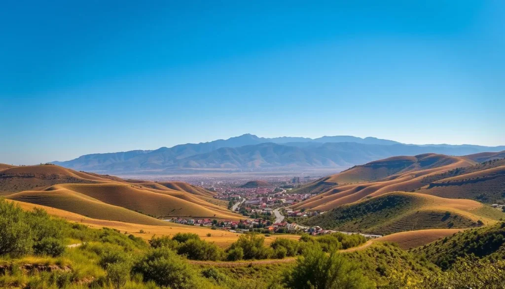 Vibrant landscape of San Luis Potosi, Mexico, under a clear azure sky. Rolling hills dotted with lush green vegetation in the foreground, culminating in a majestic mountain range in the distance. Warm, diffused sunlight illuminates the scene, casting gentle shadows and highlighting the vivid colors. A picturesque town nestled in the valley, its charming architecture blending harmoniously with the natural surroundings. Capture the serene and inviting atmosphere, perfect for visitors seeking to explore the region during its optimal weather conditions.