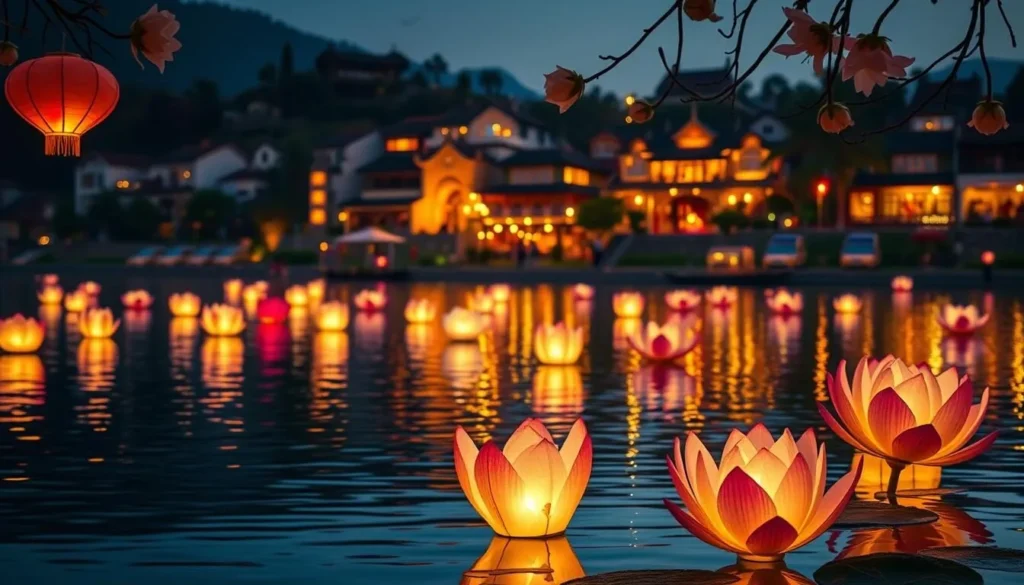 Vibrant lanterns float gracefully on a serene lake, their warm glow reflecting on the calm waters. A picturesque town with traditional Vietnamese architecture nestles in the background, bathed in the warm evening light. Delicate lotus blossoms adorn the scene, adding a touch of natural elegance. The atmosphere is serene and tranquil, inviting the viewer to immerse themselves in the captivating ambiance of the Floating Lantern Festival in Hội An, Vietnam.