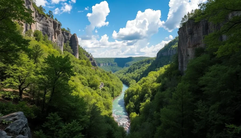 Vibrant, lush forestscape of Echo Bluff State Park, Missouri. Towering limestone cliffs frame a crystal-clear, shimmering river below. Dramatic shadows cast by fluffy white clouds dance across the scene. Explore the natural wonder of this hidden gem - sunlight filters through the canopy, illuminating the verdant undergrowth. Rugged hiking trails wind through the landscape, inviting discovery. Capture the serene, picturesque atmosphere of this stunning outdoor oasis, a true haven for nature enthusiasts.