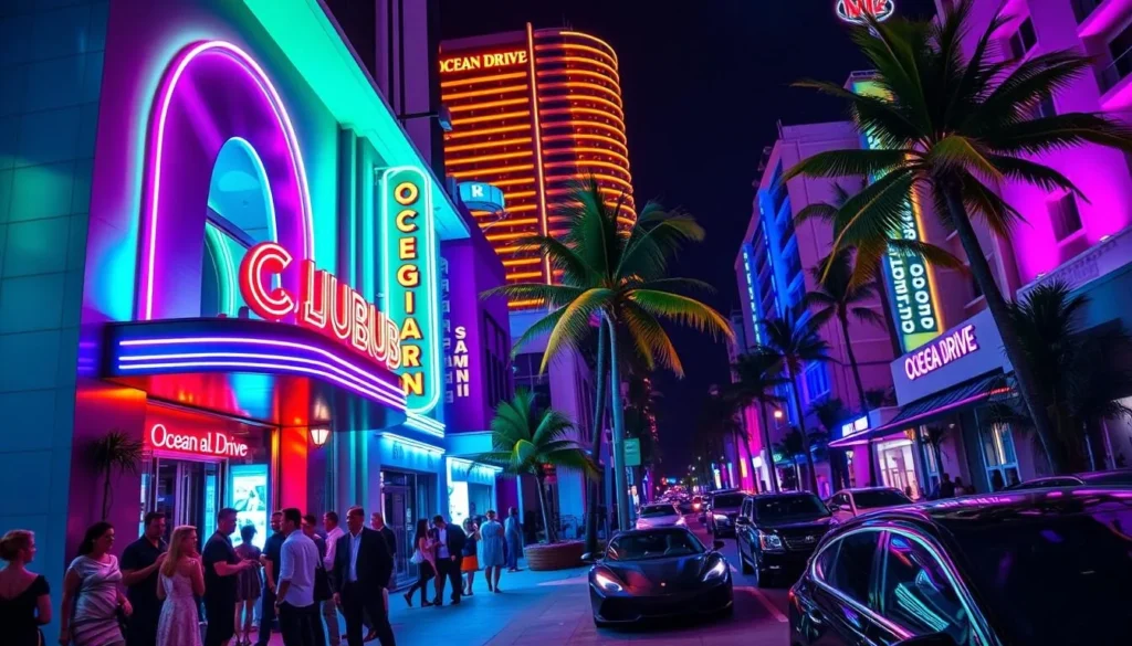 Vibrant nightlife scene in Miami with colorful lights and crowds, a popular aspect of Miami Florida best things to do Vibrant nightlife scene in Miami with colorful lights and crowds, a popular aspect of Miami Florida best things to do