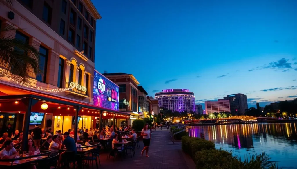 Vibrant nightlife scene in downtown Orlando with illuminated buildings and outdoor dining Vibrant nightlife scene in downtown Orlando with illuminated buildings and outdoor dining
