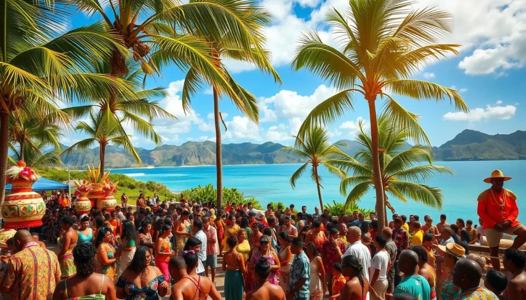 Vibrant outdoor festival in the tropical islands of Wallis and Futuna, South Pacific. A lively crowd gathers beneath swaying palm trees, adorned in colorful traditional garments. Energetic music and dance performances captivate the audience, creating a festive atmosphere. Intricately decorated floats and handcrafted ornaments dot the foreground, while in the background, sun-dappled hills and azure waters provide a stunning natural backdrop. Warm lighting casts a golden glow, accentuating the joyful celebration of local culture and heritage.
