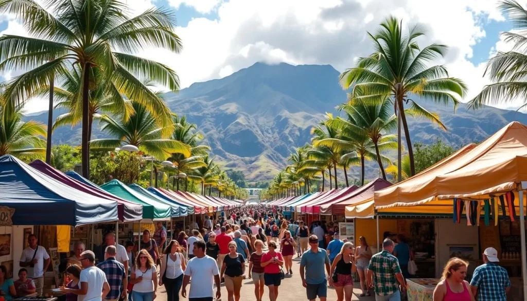 Vibrant outdoor festival scene on the Big Island of Hawaii. Colorful tents and booths lining a lush tropical landscape, with a backdrop of majestic volcanic mountains. People strolling through the bustling crowd, sampling local cuisine and crafts. Bright sunlight filtering through swaying palm trees, creating a warm and inviting atmosphere. Capture the energy and cultural richness of this seasonal festival celebrating the island's unique heritage and natural beauty.