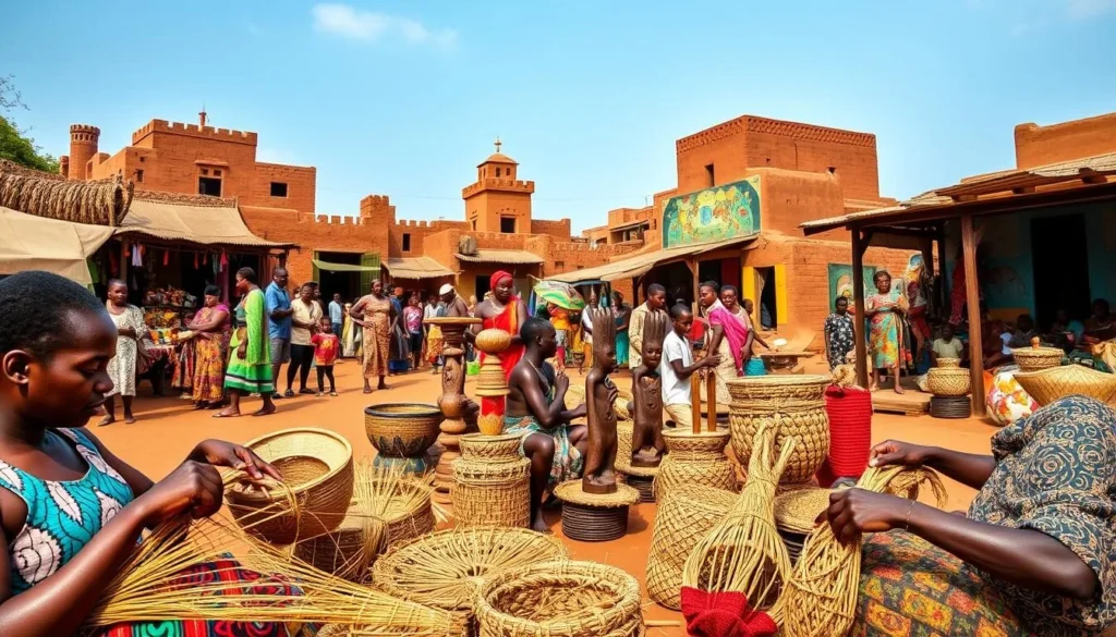 Vibrant outdoor scene showcasing the rich cultural heritage of Mbuji-Mayi, Democratic Republic of the Congo. In the foreground, local artisans skillfully weave intricate baskets and crafts, their hands moving with practiced precision. In the middle ground, a bustling marketplace filled with vibrant textiles, carved wooden sculptures, and lively conversations among the people. In the background, the iconic mud brick structures and colorful mural-adorned walls that define the architectural style of this historic city. Warm, natural lighting illuminates the scene, capturing the energy and vitality of Mbuji-Mayi's unique cultural traditions.