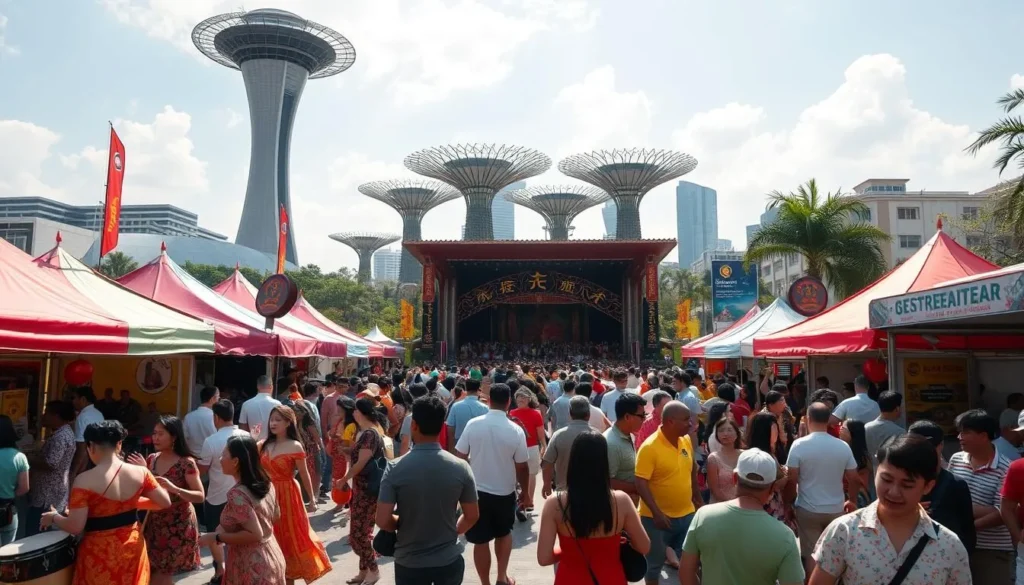 Vibrant street scene of a lively Singaporean festival, with colorful tents, food stalls, and lively crowds mingling under the warm sun. In the foreground, people in traditional garb dance to the beat of drums and the lively chatter of the crowd. In the middle ground, intricate cultural performances take place on an ornate stage, while in the background, iconic Singaporean landmarks like the Supertree Grove stand tall, creating a picturesque backdrop. The scene is captured with a wide-angle lens, conveying a sense of energy, community, and the rich cultural tapestry of Singapore.