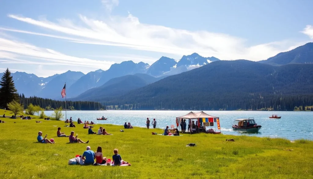 Vibrant summer day at Strawberry Reservoir, California. Lush green meadows surround the sparkling, azure waters. In the foreground, families picnicking on the grassy banks, enjoying the warm sunshine. Kayakers glide across the reservoir, while anglers cast their lines in search of trout. In the middle ground, a festive tent pavilion hosts a local artisan market, colorful banners fluttering in the gentle breeze. Towering pine-clad mountains form the dramatic backdrop, their peaks capped with a dusting of snow. Warm, golden light filters through wispy clouds, imbuing the scene with a sense of tranquility and natural beauty.