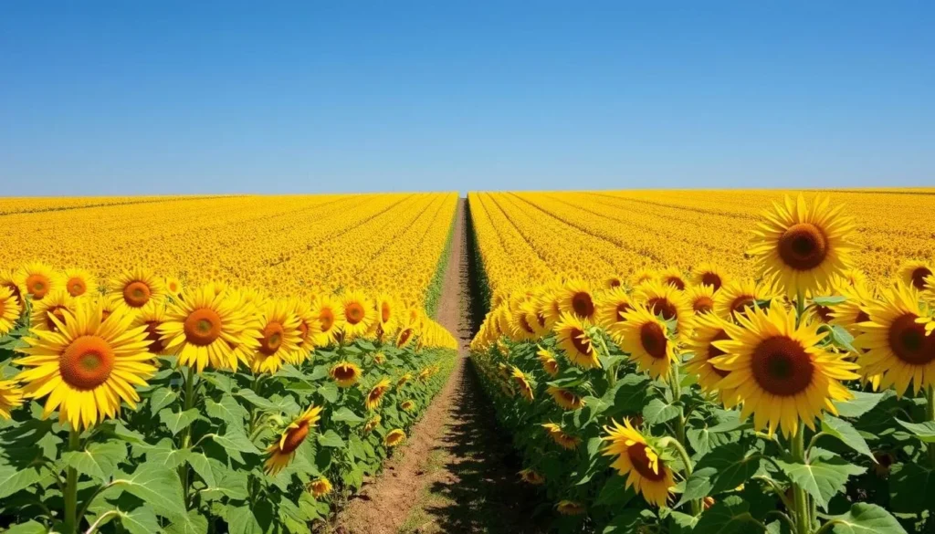 Vibrant sunflower fields in full bloom in Yolo County with rows of bright yellow flowers stretching to the horizon Vibrant sunflower fields in full bloom in Yolo County with rows of bright yellow flowers stretching to the horizon