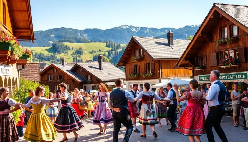 Vibrant traditional festivals in the picturesque alpine village of Appenzell Innerrhoden, Switzerland. In the foreground, locals in colorful folk costumes perform lively dances and music, their movements captured in dynamic poses. The middle ground showcases quaint wooden chalets adorned with flower-filled window boxes, set against a backdrop of rolling green hills and distant snow-capped peaks. Warm, golden sunlight bathes the scene, creating a sense of joyous celebration and timeless cultural heritage. The overall atmosphere evokes the charm and authenticity of this beloved Swiss region.