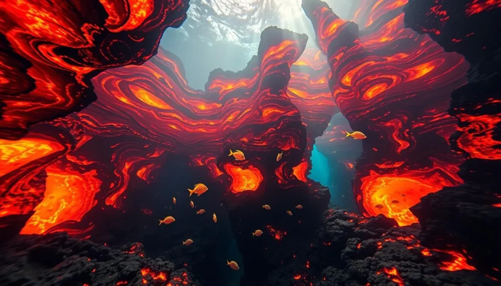Vibrant underwater lava formations emerge from the ocean depths, casting a warm, ethereal glow. Swirling patterns of molten rock and glowing embers create a mesmerizing display, as schools of tropical fish dart between the crevices. Shafts of sunlight pierce the crystal-clear waters, illuminating the dramatic, sculptural landscape. The scene exudes a sense of tranquility and wonder, inviting the viewer to explore this hidden, enchanting world beneath the waves.