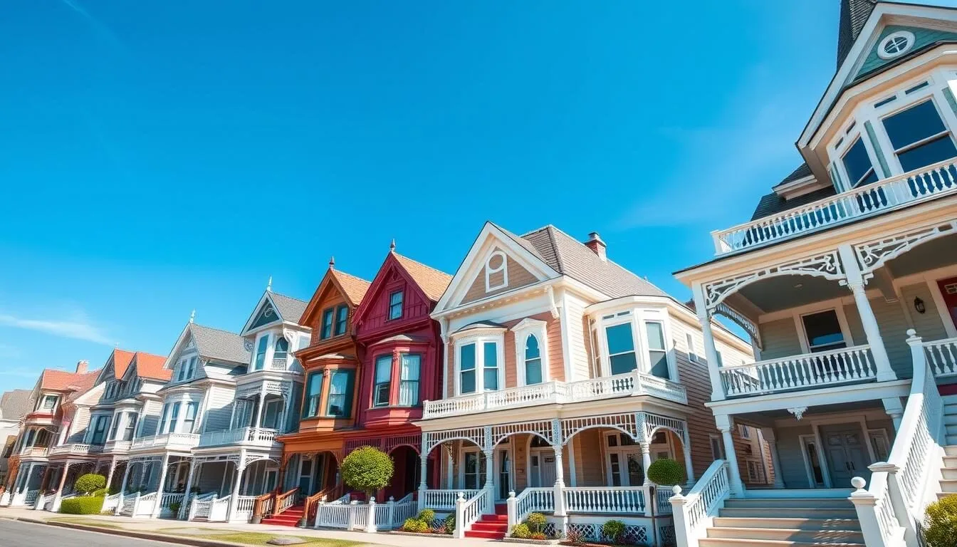 Victorian houses along Beach Avenue in Cape May, New Jersey with colorful facades and ornate details