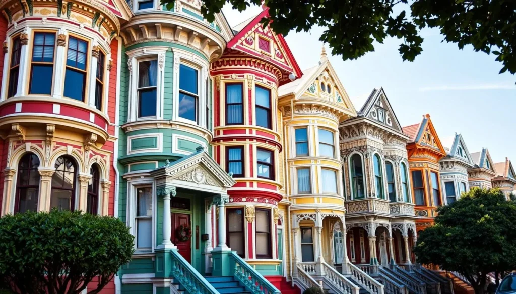Victorian houses in the Haight-Ashbury neighborhood of San Francisco with colorful facades Victorian houses in the Haight-Ashbury neighborhood of San Francisco with colorful facades