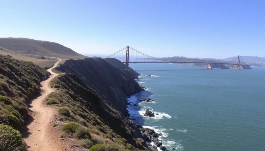 View from Lands End Trail in San Francisco showing the Golden Gate Bridge and coastline View from Lands End Trail in San Francisco showing the Golden Gate Bridge and coastline
