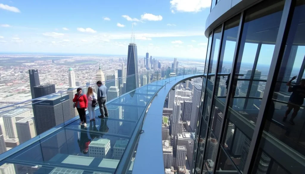 View from Skydeck Chicago at Willis Tower showing the glass ledge extending over the city with visitors standing on it View from Skydeck Chicago at Willis Tower showing the glass ledge extending over the city with visitors standing on it