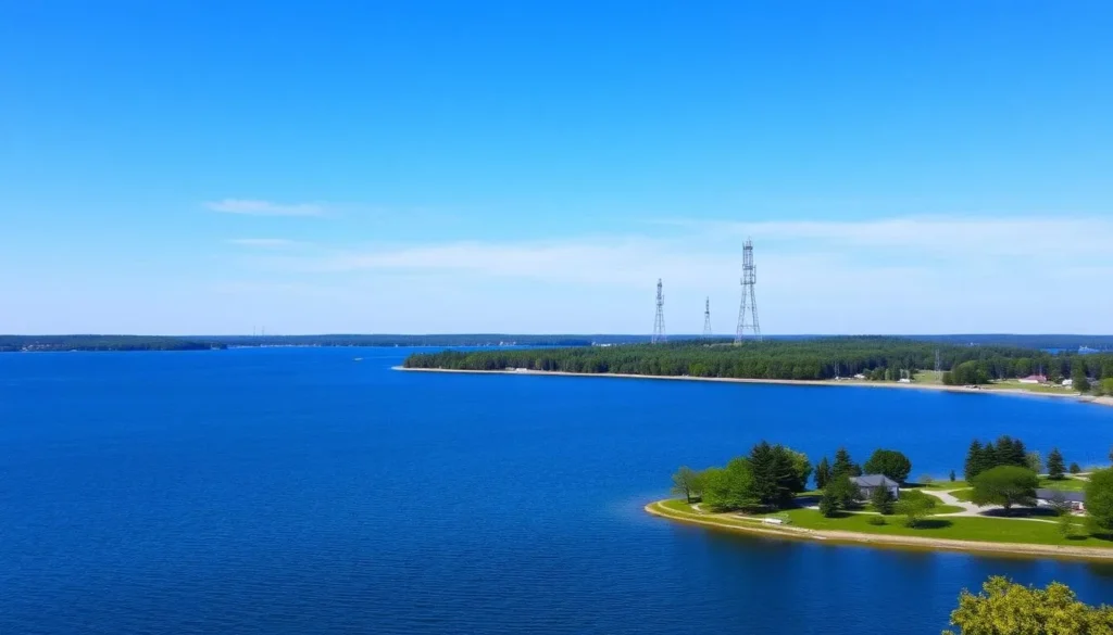 View of Island Lake with Telefarm Towers visible in background View of Island Lake with Telefarm Towers visible in background