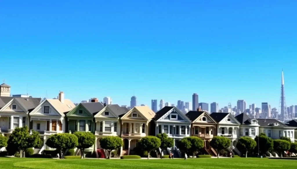 View of San Francisco's colorful Victorian houses known as the Painted Ladies with city skyline in background View of San Francisco's colorful Victorian houses known as the Painted Ladies with city skyline in background
