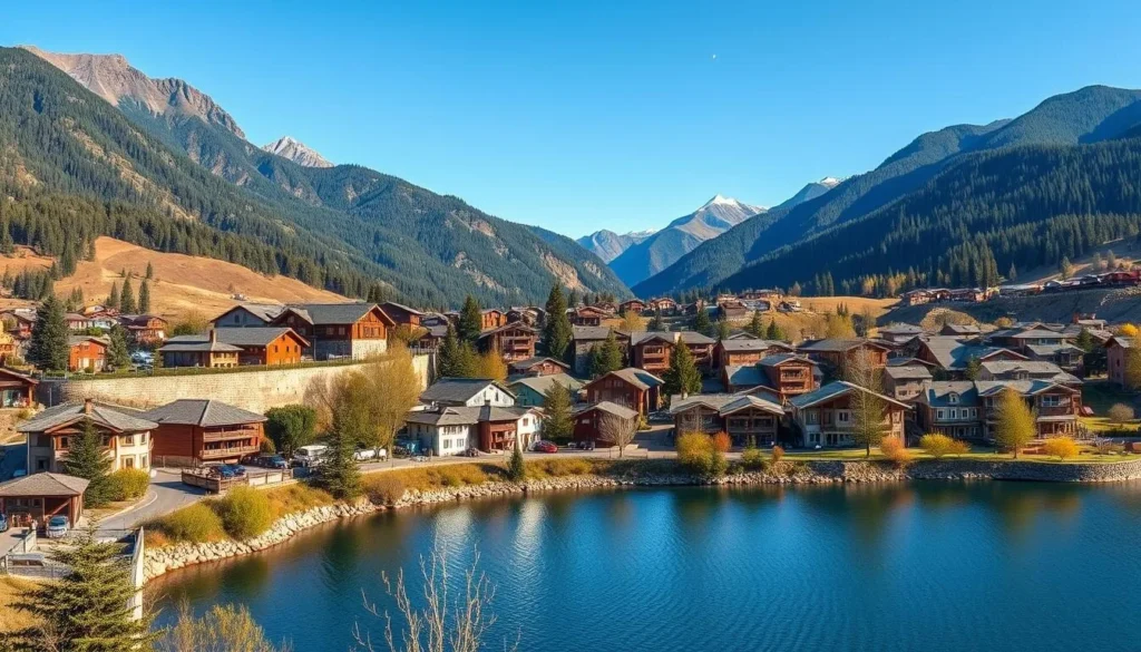 View of San Martin de los Andes town with Lake Lacar and mountains