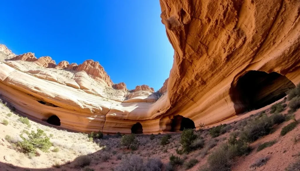 View of the three main caves at Pictograph Cave State Park, Montana showing the sandstone formations View of the three main caves at Pictograph Cave State Park, Montana showing the sandstone formations
