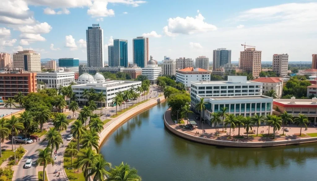 Villahermosa cityscape on a pleasant day, with a vibrant and bustling downtown core. Capture the iconic skyscrapers, modern architecture, and lush palm trees lining the streets. Showcase the Grijalva River winding through the city, its tranquil waters reflecting the surrounding buildings. Emphasize the warm, tropical atmosphere with soft, diffused lighting and a clear blue sky. Depict the energy and liveliness of the city, with people strolling along the promenades and enjoying outdoor cafes. Utilize a wide-angle lens to encompass the full breadth of the cityscape, highlighting Villahermosa's role as the capital and economic heart of the Tabasco region.