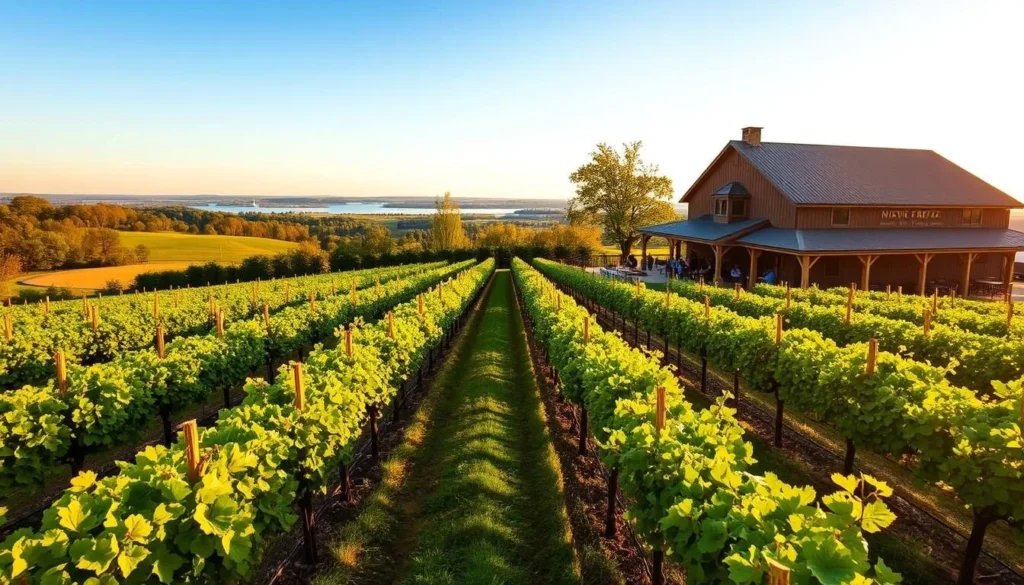 Vineyard along the Niagara Wine Trail with rows of grapes and winery building in Niagara County, New York Vineyard along the Niagara Wine Trail with rows of grapes and winery building in Niagara County, New York
