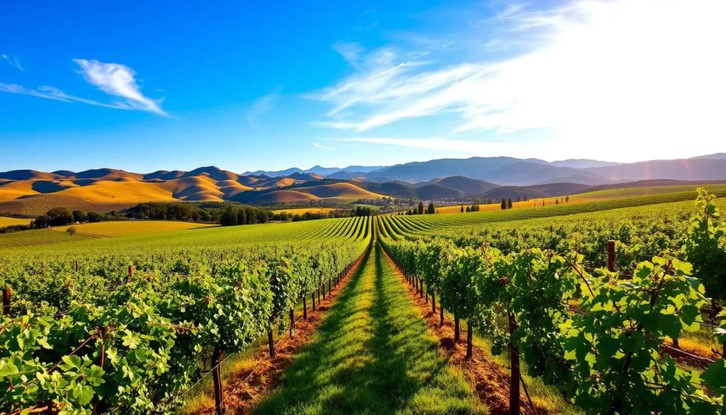 Vineyard in Santa Ynez Valley with rows of grapevines and mountains in the background Vineyard in Santa Ynez Valley with rows of grapevines and mountains in the background