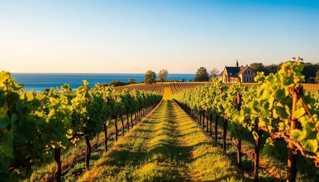 Vineyard on Old Mission Peninsula in Traverse City Michigan with rows of grapevines and Grand Traverse Bay views Vineyard on Old Mission Peninsula in Traverse City Michigan with rows of grapevines and Grand Traverse Bay views