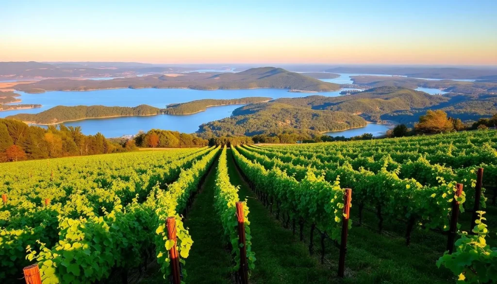 Vineyard overlooking Keuka Lake in Steuben County with rows of grapevines Vineyard overlooking Keuka Lake in Steuben County with rows of grapevines