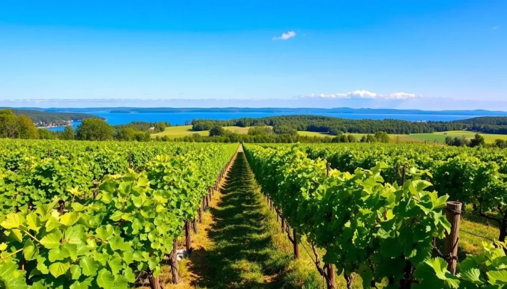 Vineyard overlooking Keuka Lake in Yates County, New York with rows of grapevines and lake view Vineyard overlooking Keuka Lake in Yates County, New York with rows of grapevines and lake view