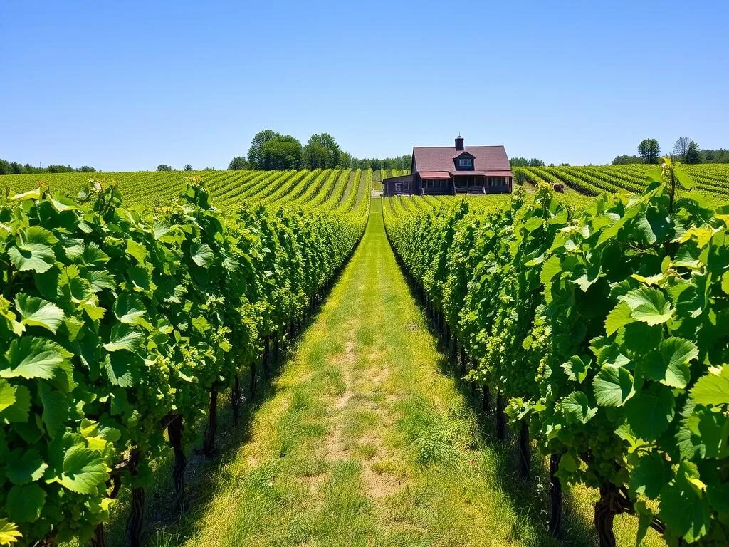 Vineyard rows at a North Fork winery in Suffolk County, New York Vineyard rows at a North Fork winery in Suffolk County, New York