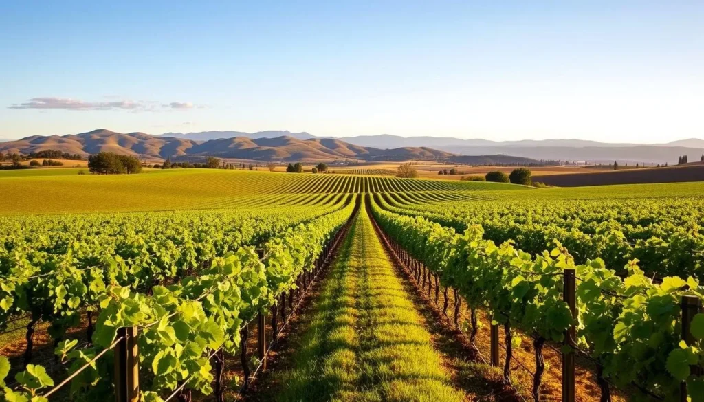 Vineyard rows in Cienega Valley with mountains in the background, San Benito County Vineyard rows in Cienega Valley with mountains in the background, San Benito County